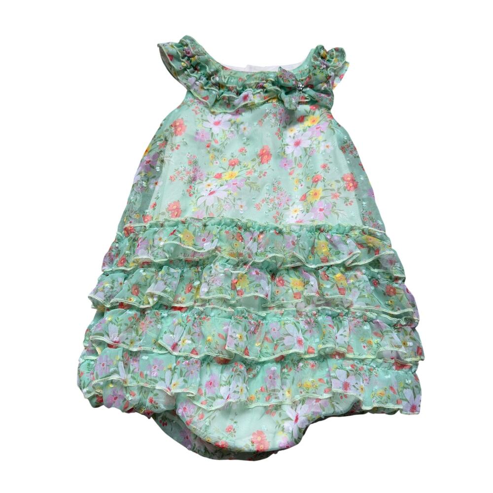 Nannette Baby Mint Green Floral Ruffle Bubble Romper Dress 24M - Organza Layers